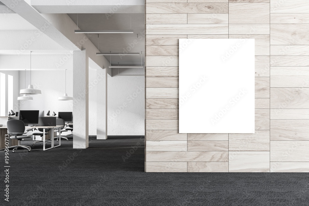 Wooden and concrete workplace with poster Wooden and concrete workplace with poster