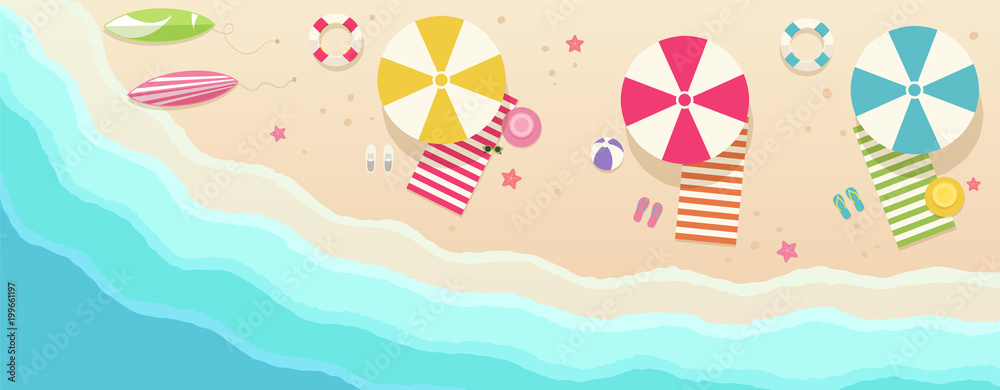 Beach, top view with umbrellas, towels, surfboards, sunglasses, hats, ball, starfish. Beach, top view with umbrellas, towels, surfboards, sunglasses, hats, ball, starfish.