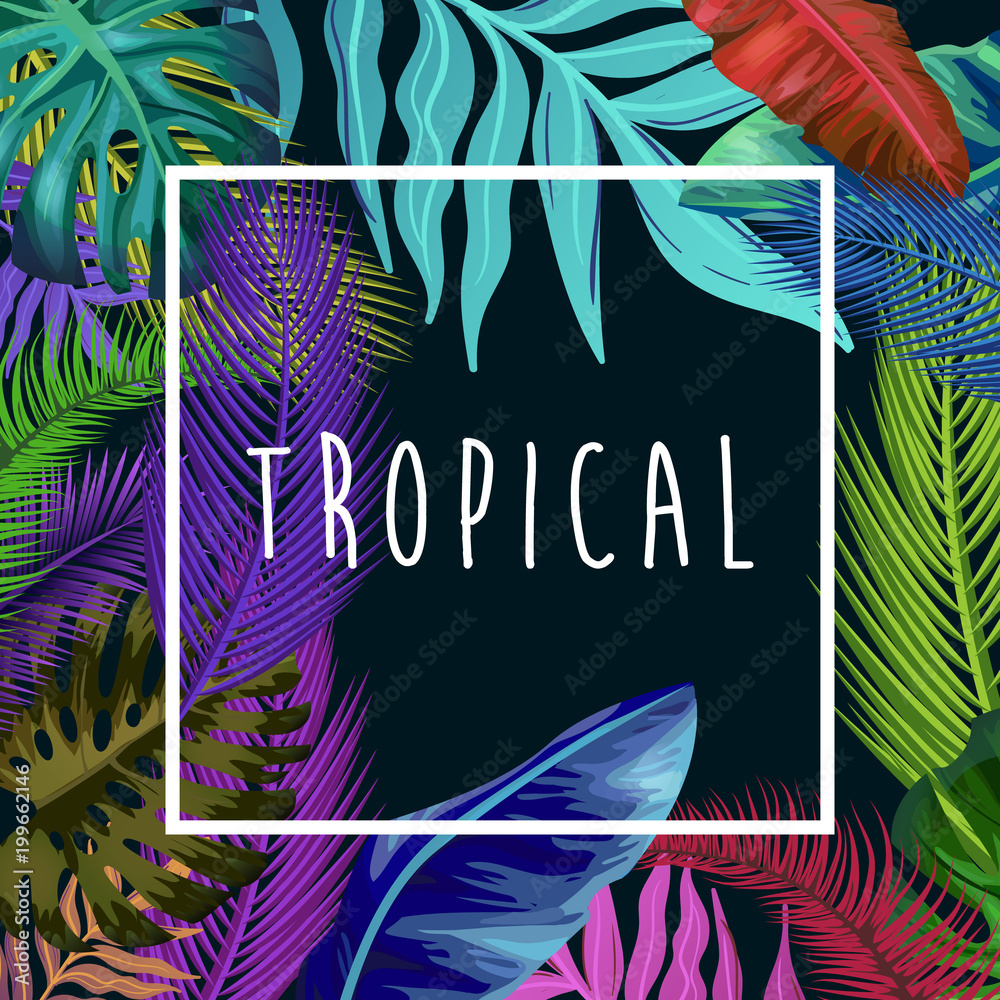 Fototapeta Tropikalny tło z roślinami dżungli. Egzotyczny wzór z liśćmi palmowymi.