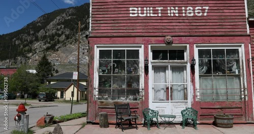 Georgetown Colorado historic store mountain valley. Former silver and gold mining camp along Clear Creek in the Range of the Rocky Mountains established in 1859. Historical summer tourist center.  photo