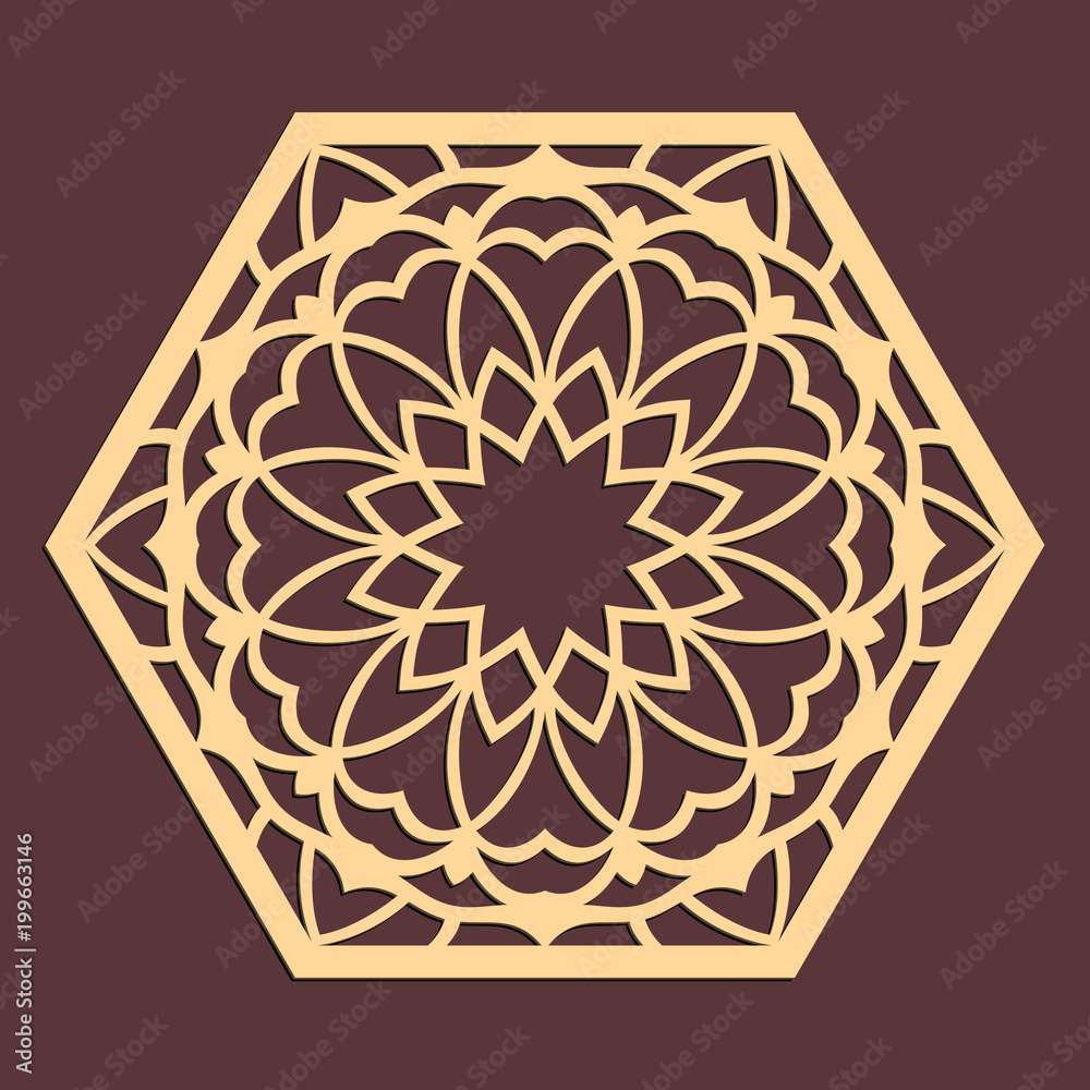 Laser cutting panel. Golden floral pattern. Gift or favor box silhouette ornament. Vector hexagonal coaster design for metal, wood, paper work. Laser cutting panel. Golden floral pattern. Gift or favor box silhouette ornament. Vector hexagonal coaster design for metal, wood, paper work.