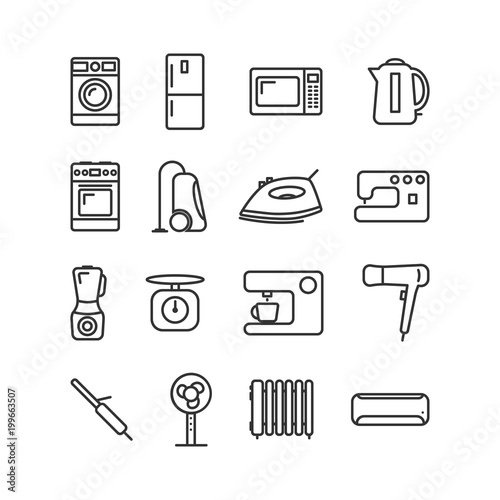 Vector image of set of household appliances icons line.