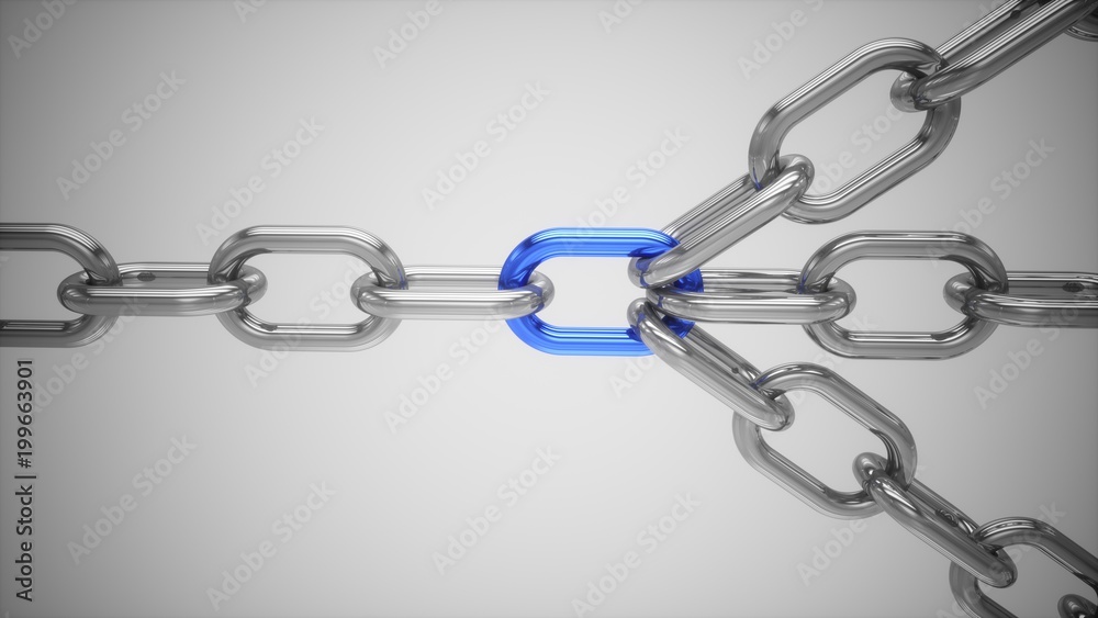 Obraz premium 3D rendering Chains connected by blue link. Connected group leadership teamwork concept.