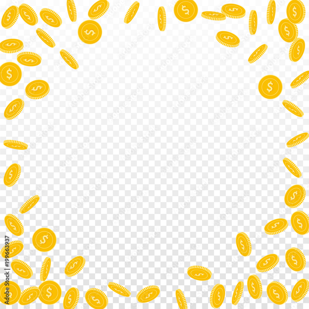 American dollar coins falling. Scattered sparse USD coins on transparent background. Exquisite round random frame vector illustration. Jackpot or success concept.
