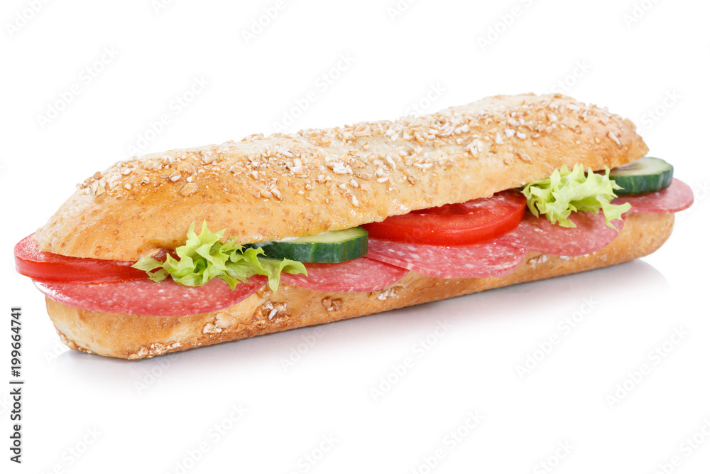Brötchen Sandwich Vollkorn Baguette belegt mit Salami freigestellt Freisteller