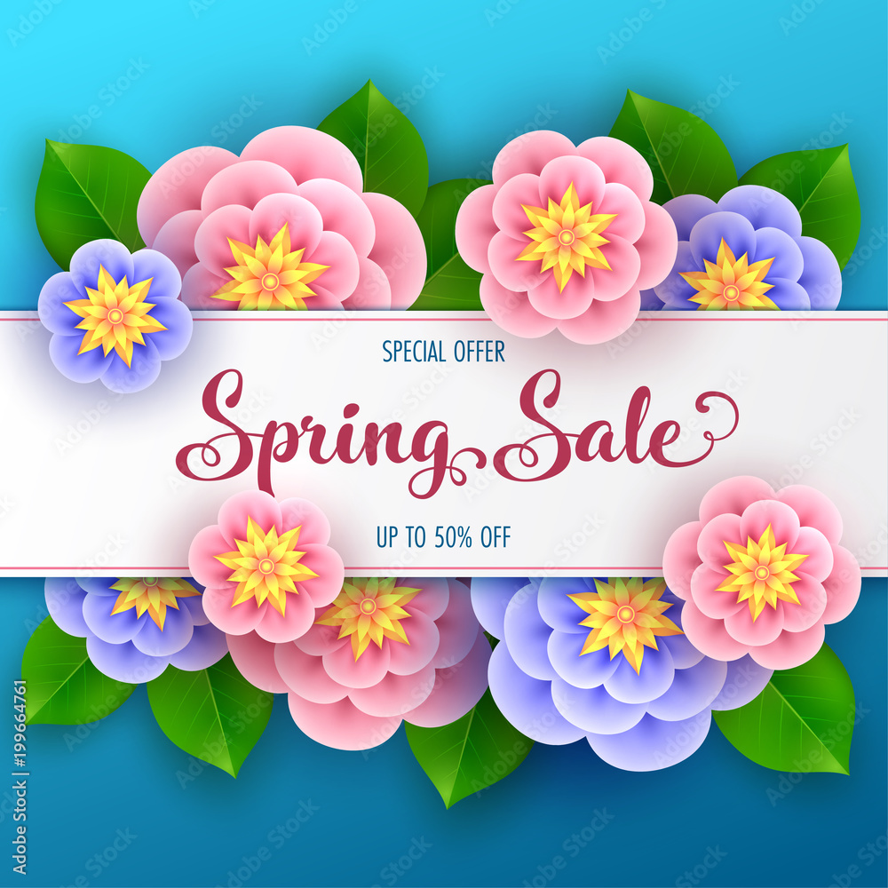 Floral spring sale banner with beautiful flowers for online shopping. Vector Illustration