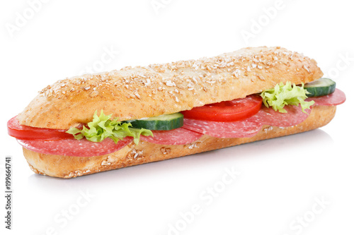 Brötchen Sandwich Vollkorn Baguette belegt mit Salami freigestellt Freisteller