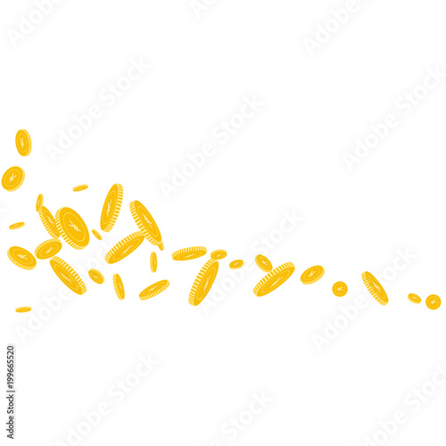 Chinese yuan coins falling. Scattered disorderly CNY coins on white background. Cool square shape vector illustration. Jackpot or success concept.