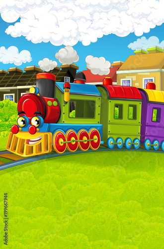 Cartoon funny looking steam train going through the city - illustration for children