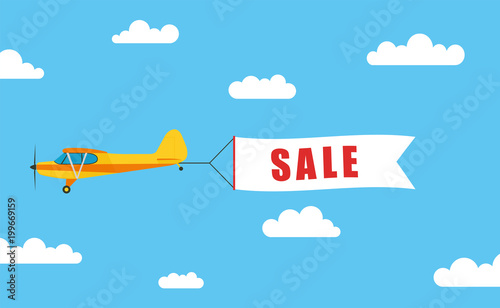 Flying advertising banner, pulled out by light aircraft with the inscription "SALE" - stock vector.