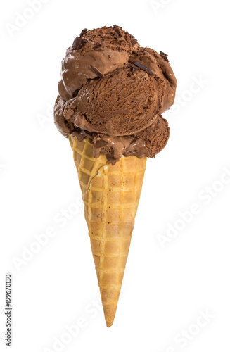 Chocolate ice cream with chocolate chips in waffle cone isolated on white