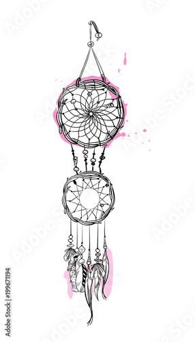 Vector illustration with hand drawn dream catcher with pink accents. Feathers and beads.