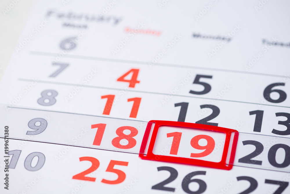 Forgiveness Sunday and Presidents Day in the United States. February 19 mark on the calendar, close-up Forgiveness Sunday and Presidents Day in the United States. February 19 mark on the calendar, close-up