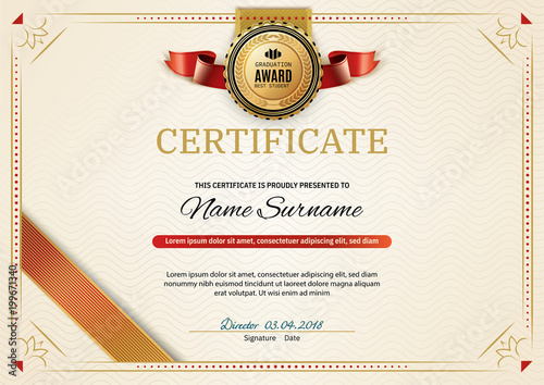 Official retro certificate with red gold design elements. Red ribbon and gold emblem. Vintage modern blank