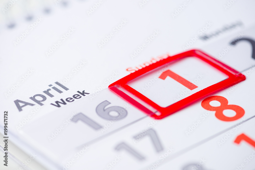 April Fools Day. 1 April mark on the calendar, close-up April Fools Day. 1 April mark on the calendar, close-up