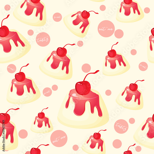 Colorful seamless pattern with tasty dessert panna cotta and maraschino cherry in cartoon style. Vector illustration. Desserts Collection.