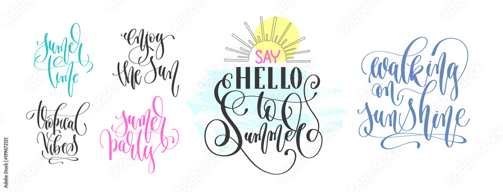 set of hand lettering positive quote about summer time text typo