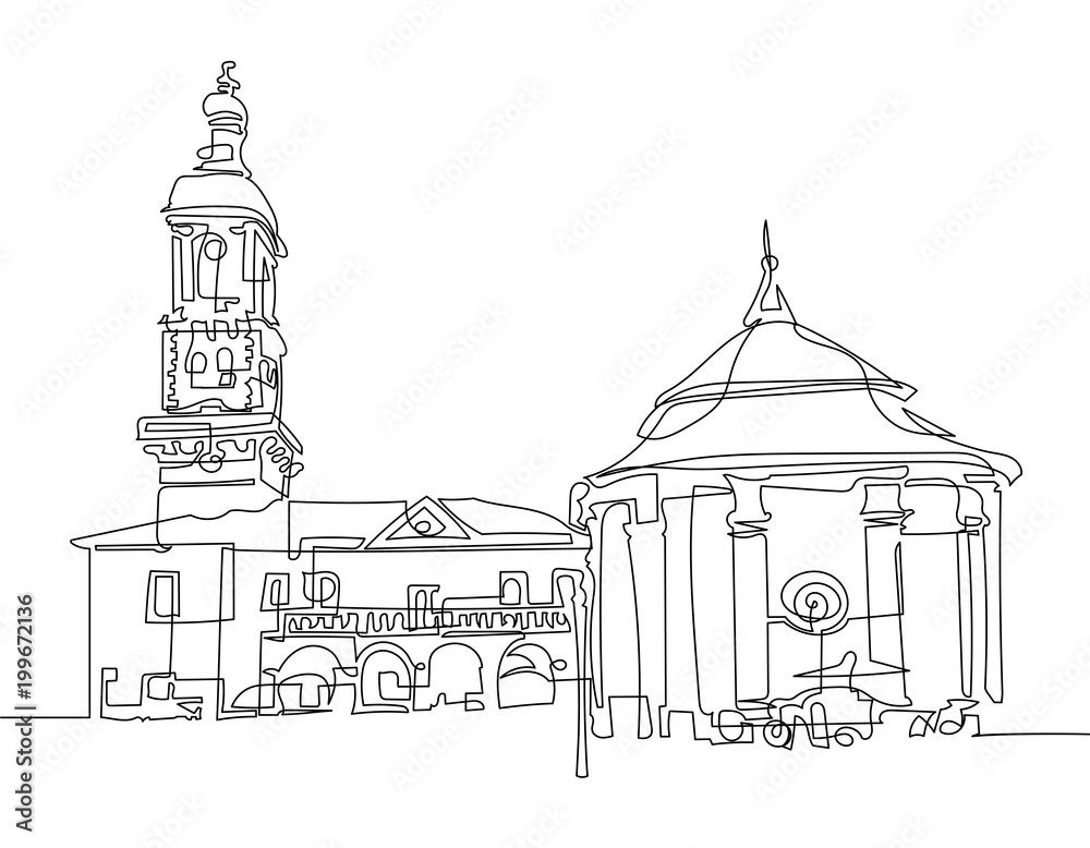 continuous one line drawing of Town Hall and ancient well 