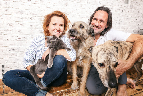 Photography Attractive man and his young wife with pets, two dogs and a cat, a family portra
