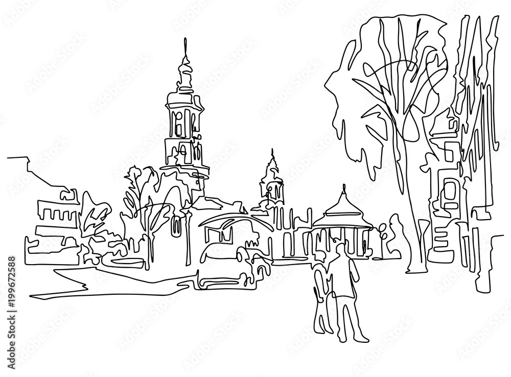 continuous one line drawing of historical town Kamenets-Podolsky
