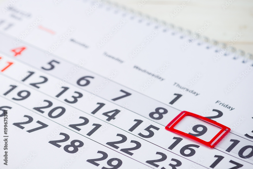 Pi Day, National Dentists Day, Victory Day. Day number 9 mark on the calendar, close-up Pi Day, National Dentists Day, Victory Day. Day number 9 mark on the calendar, close-up