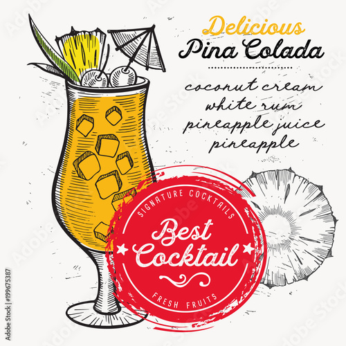 Cocktail pina colada for bar menu. Vector drink flyer for restaurant and cafe. Design poster with vintage hand-drawn illustrations.