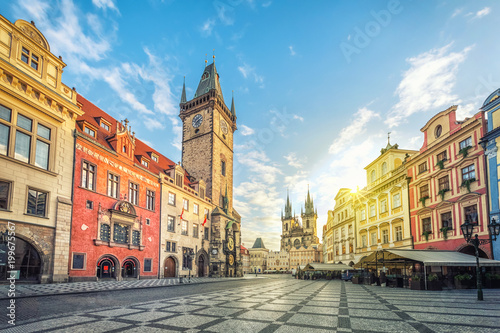 Old Town Hall building with clock tower on Old Town square (Staromestske namesti) in the morning, Prague, Czech Republic photo