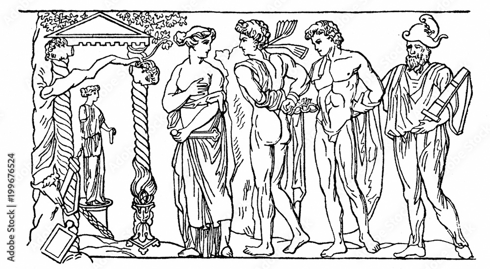 Greek mythology - Iphigenia as a priestess of Artemis in Tauris sets out to greet prisoners - Orestes and his friend Pylades