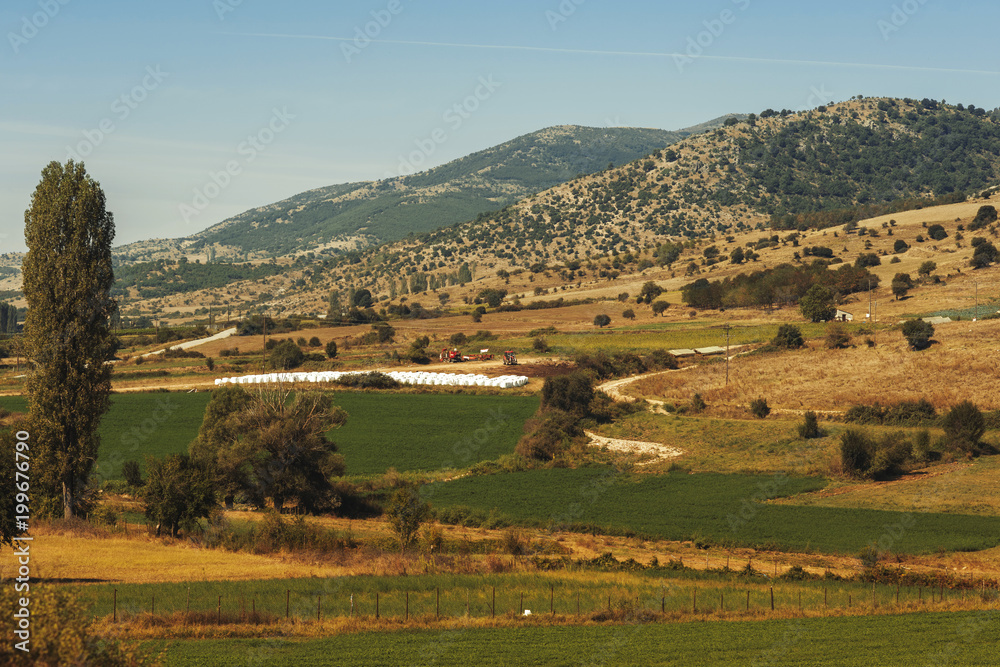 Landscape of the countryside and hay bales in Greece. Fields and agricultural machinery in Greece