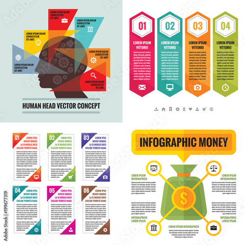 Infographic elements template business concept banners for presentation, brochure, website and other design project. Abstract infograph creative layout vector set. Human head. Finance dollar money. 