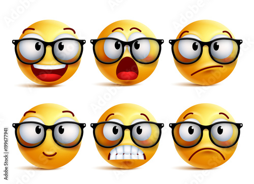 Smiley face vector set of yellow nerd emoticons with eyeglasses and funny facial expressions isolated in white background. Vector illustration.
