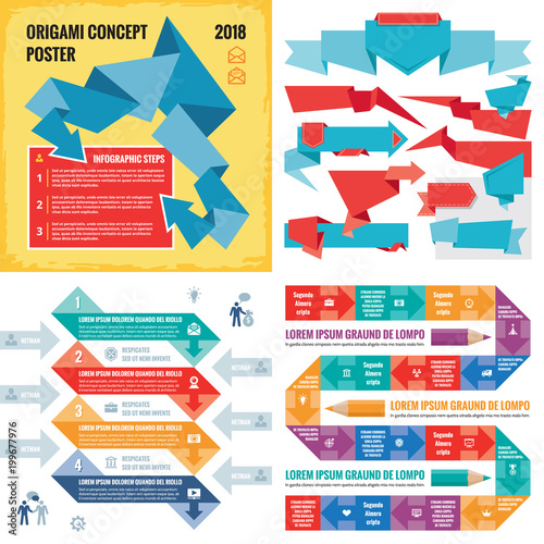 Business infographic templates concept vector illustration. Abstract banner set. Advertising promotion layout collection for presentation. Origamy arrows. Numbered options. Graphic design elements. 
