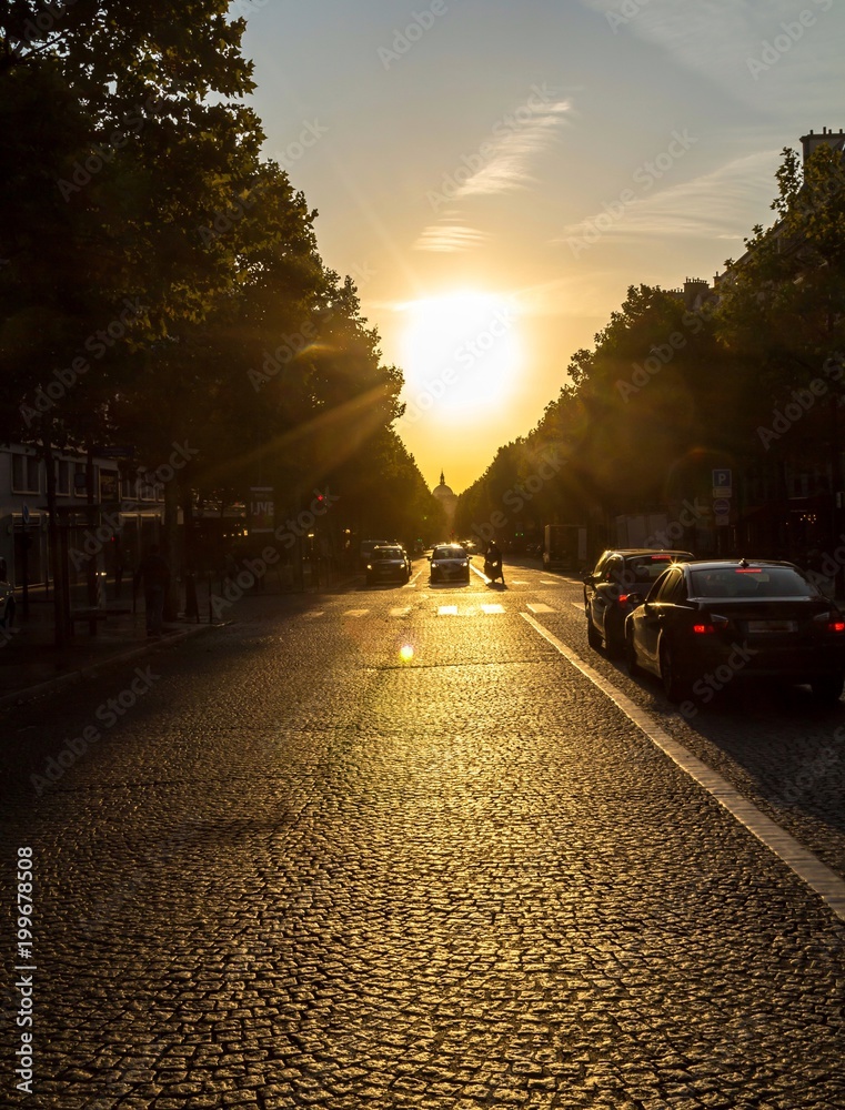 The cobbled road in Paris at sunset / dawn