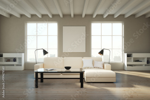 Modern living room with empty poster