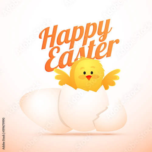 Happy Easter Concept with Little Chic Coming out from an egg shell.