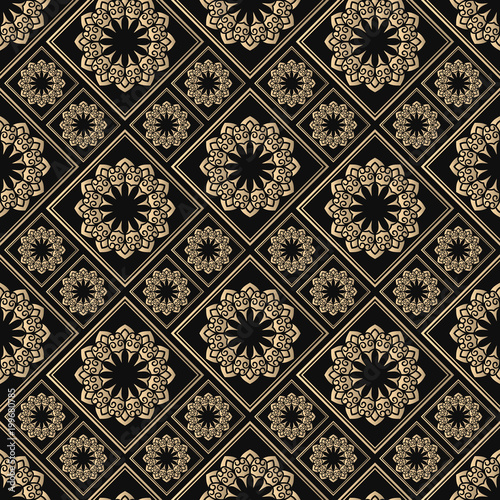 Islamic vector design. Seamless pattern oriental ornament. Black and golden textile print. Floral tiles.