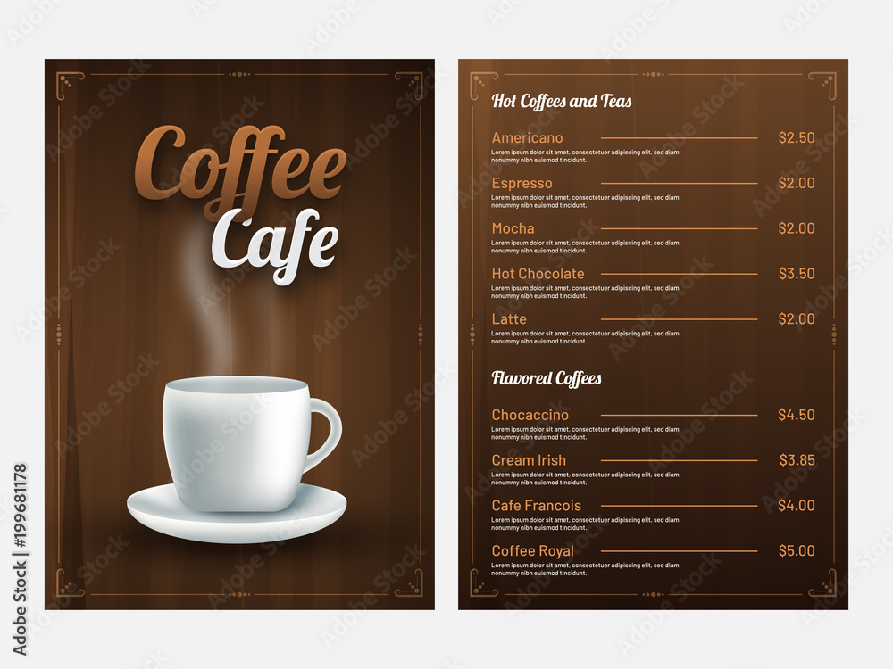 Coffee Cafe Menu Card design with front and back page view. Stock Photo