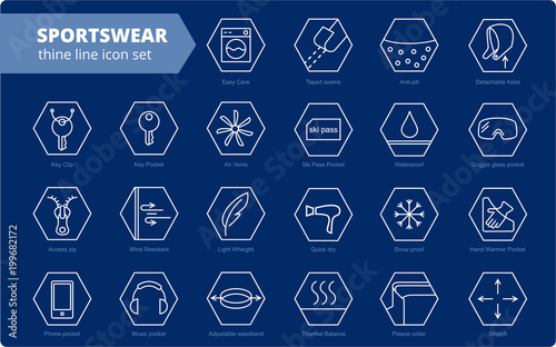 Fabric and clothes feature line icons. Linear wear labels. Elements - waterproof, uv protection, breathable fiber and more. Textile industry pictograms for garments. Ski garments, sportswear