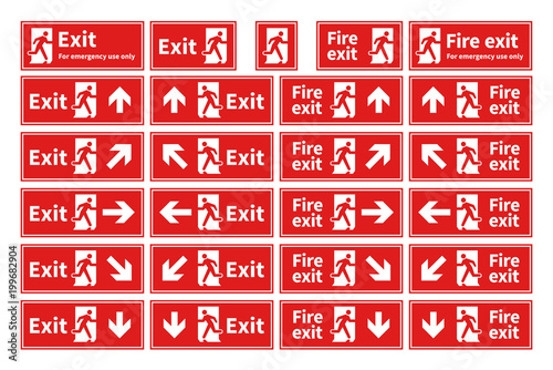 Set of emergency fire exit red signs with different directions on white