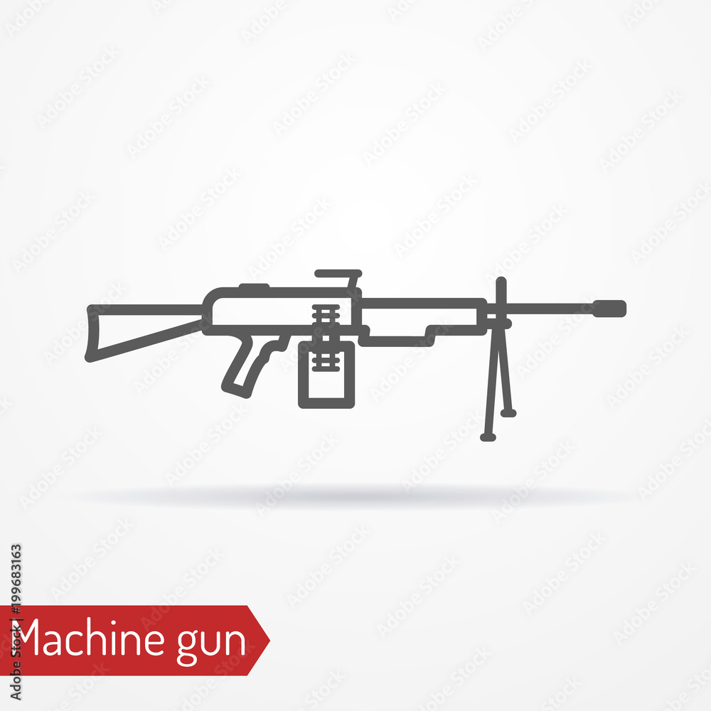 Abstract assault machine gun. Isolated icon in line style with shadow. Typical army large-caliber weapon. Military vector stock image. Abstract assault machine gun. Isolated icon in line style with shadow. Typical army large-caliber weapon. Military vector stock image.