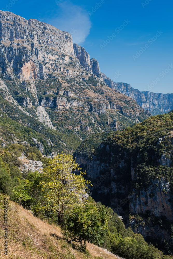 Panoramic view of Tymfi Mountain and Vikos gorge. Zagoria area, Epirus region, northwestern Greece