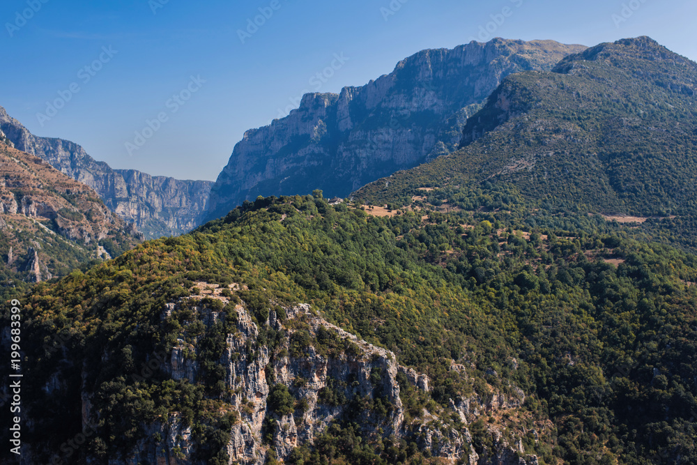  Mountain in the gorge of Vikos in Greece. Zagoria region.  National park of Pindus mountain. Greece. Epirus