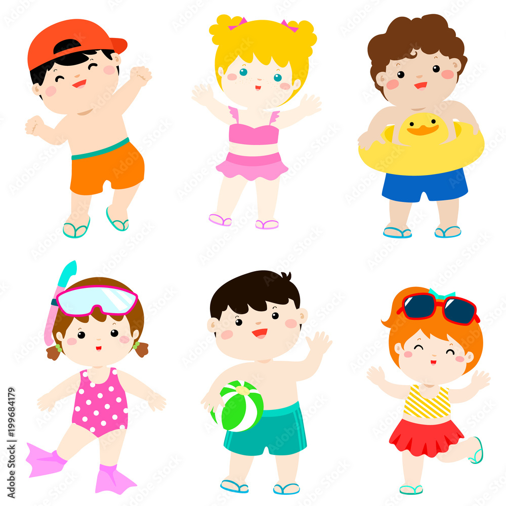 summer multicultural cute kids in swimsuit vector summer multicultural cute kids in swimsuit vector
