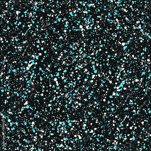 Splatter, splash, spray vector seamless repeat pattern. Black, white and blue hand drawn painted chaotic spots, uneven dots, blobs, drops, specks, flecks texture, background.