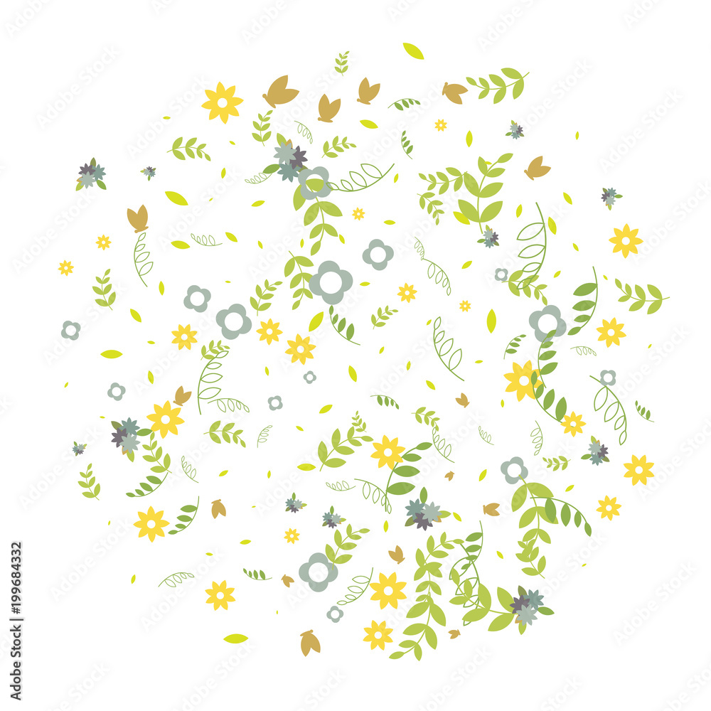 Floral Spring and Summer Vector Wallpaper with Flowers, Leaves, Butterflies, Green Branches. Easter, Mother's Day, 8 March, Birthday, Wedding Background for Banners, Cards, Posters, Invitations.