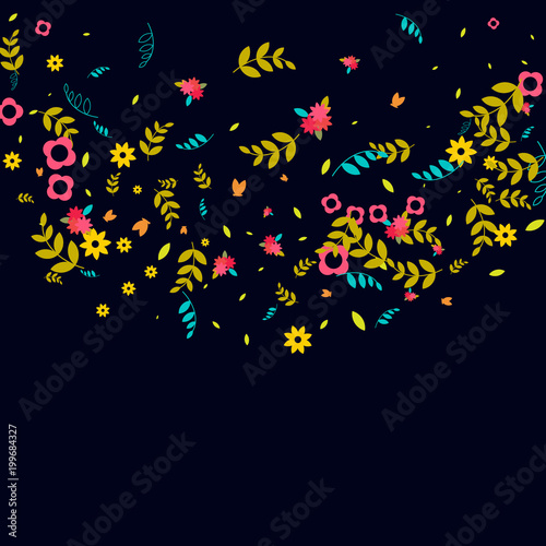 Floral Spring and Summer Vector Wallpaper with Flowers, Leaves, Butterflies, Green Branches. Easter, Mother's Day, 8 March, Birthday, Wedding Background for Banners, Cards, Posters, Invitations.