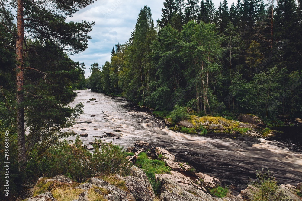Mountain fast river stream of water in the rocks with green forest in Finland Mountain fast river stream of water in the rocks with green forest in Finland