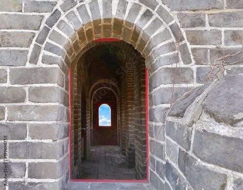 Ancient arches of China Great Wall on Hushan or Tiger mountain, Dandong, Liaoning; near China-North Korea border. Use as background, backdrop, image montage in vintage style, or for historical studies