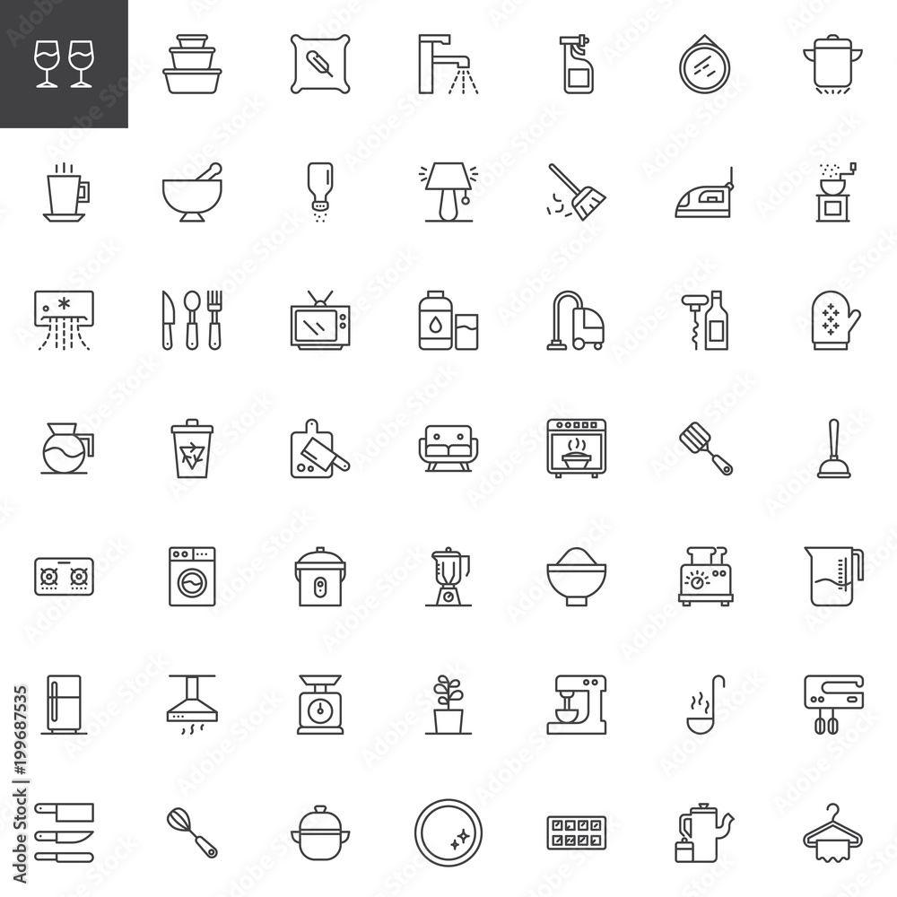 Homeware outline icons set. linear style symbols collection, line signs pack. vector graphics. Set includes icons as wine glass, container, pillow, tap, sprayer, sweeping broom, air conditioner