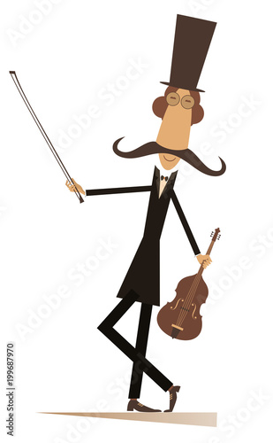 Cartoon long mustache violinist illustration isolated. Smiling mustache man in the top hat with violin and fiddlestick illustration 
